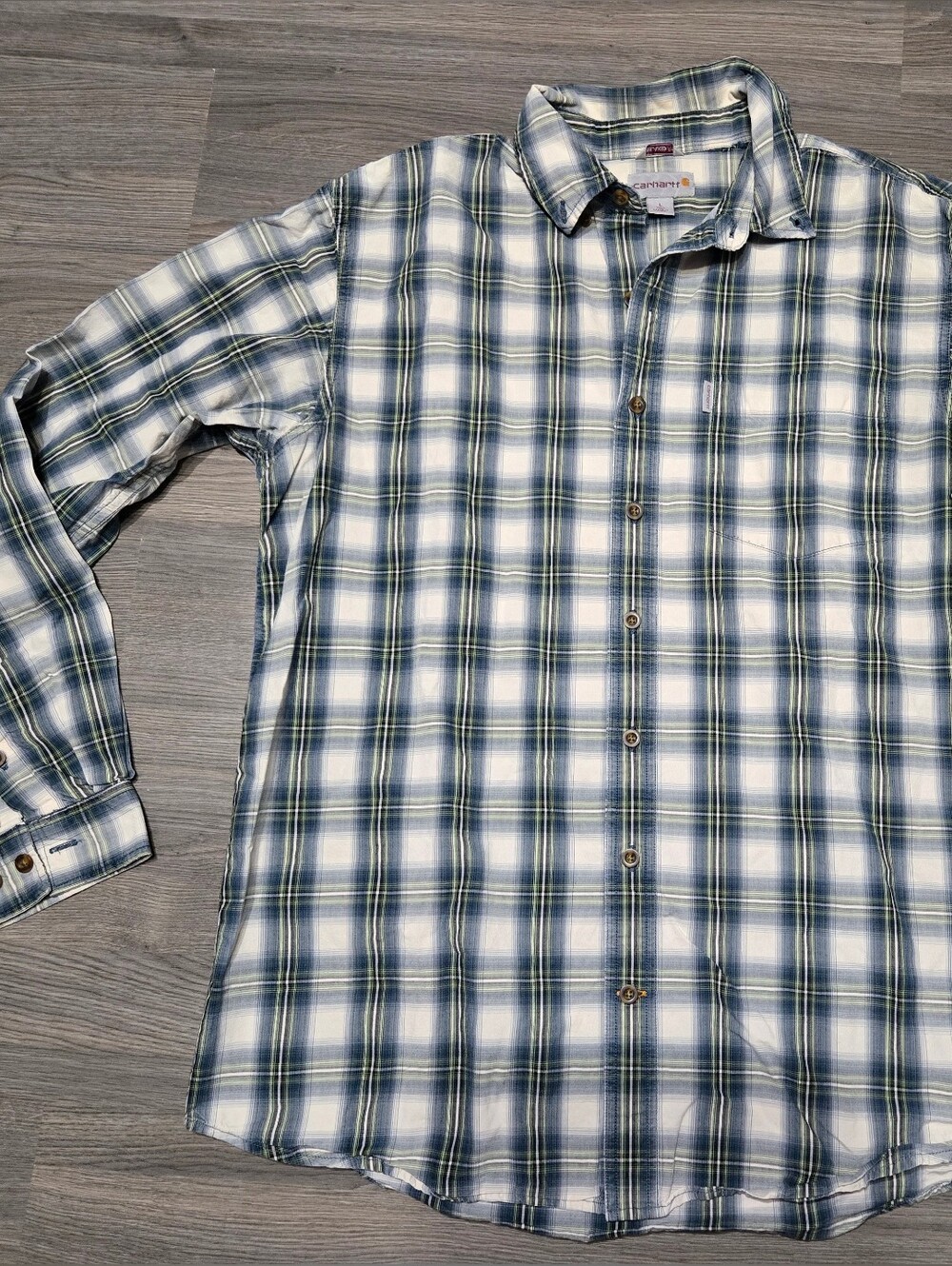 Carhartt Men’s Green and Blue Plaid Button-Down Shirt